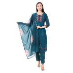 MR ANDERSON'S Women's Teal Floral Embroidered Salwar Suit Set, 3/4 Sleeve Kurta with Dupatta and Pants, Traditional Indian Wear