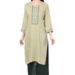 MR ANDERSON'S Women's Embroidered Straight Kurti, Light Sage Green, 3/4 Sleeves with Geometric Pattern